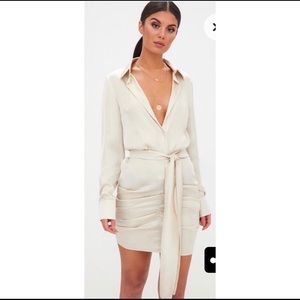 Champagne Satin Ruched Shirt Dress